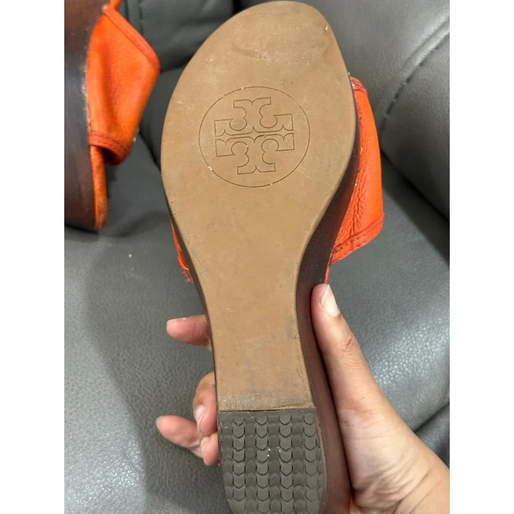 Tory Burch Orange Pebbled Leather Wood Platform Wedge Reva LogoSandals Size 8.5M